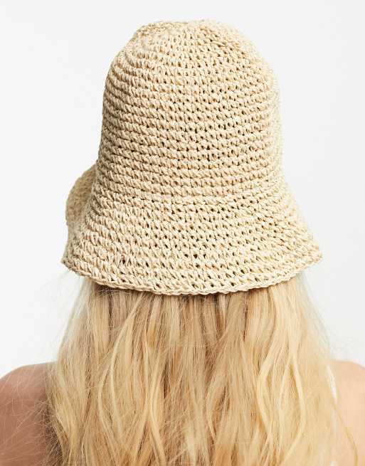 ASOS DESIGN straw crochet bucket hat in neutral  , 3 of 4