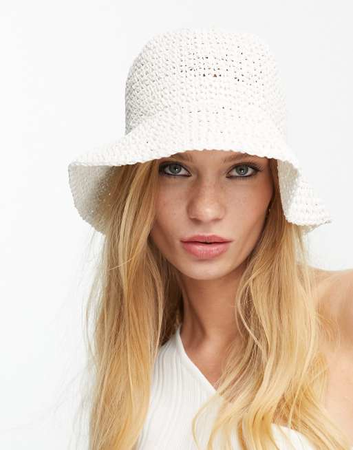 ASOS DESIGN straw crochet bucket hat in white ASOS