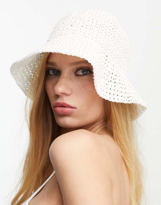 Straw Crochet Short-Brim Bucket Hat: Women's Designer Hats