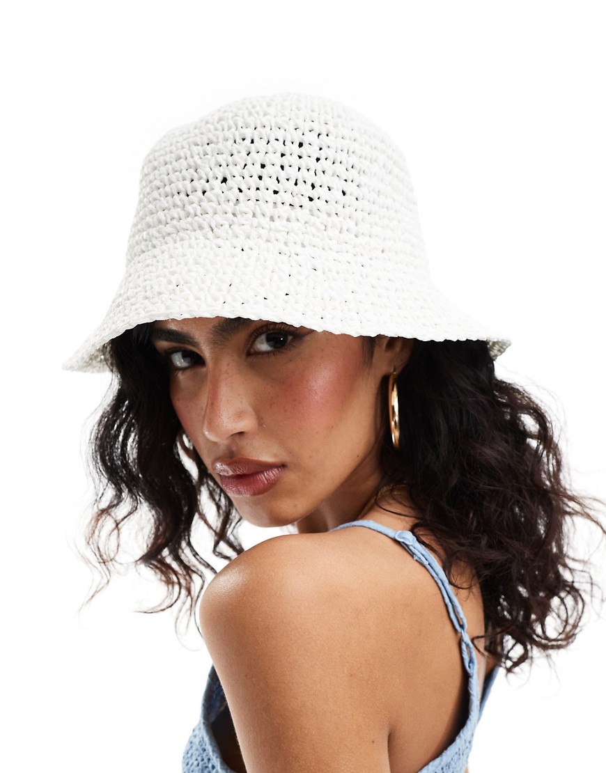 Asos Design Straw Crochet Bucket Hat In White