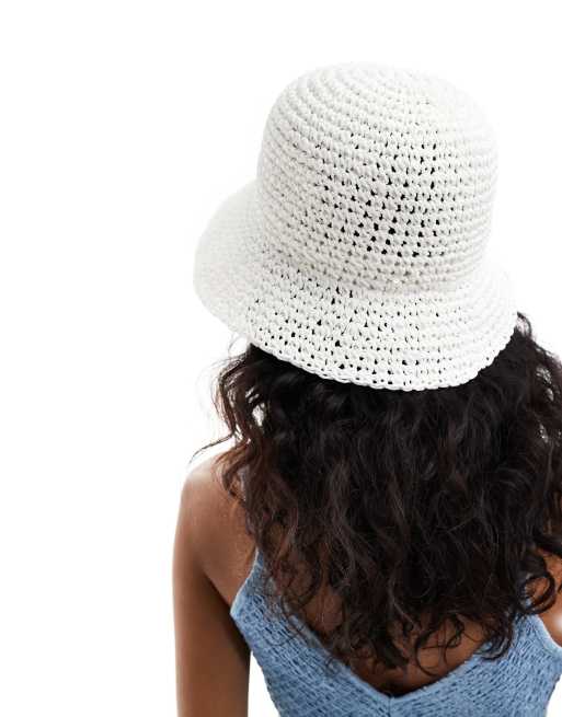 ASOS DESIGN straw crochet bucket hat in white , 3 of 4