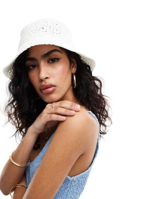 ASOS DESIGN straw crochet bucket hat in white , 4 of 4