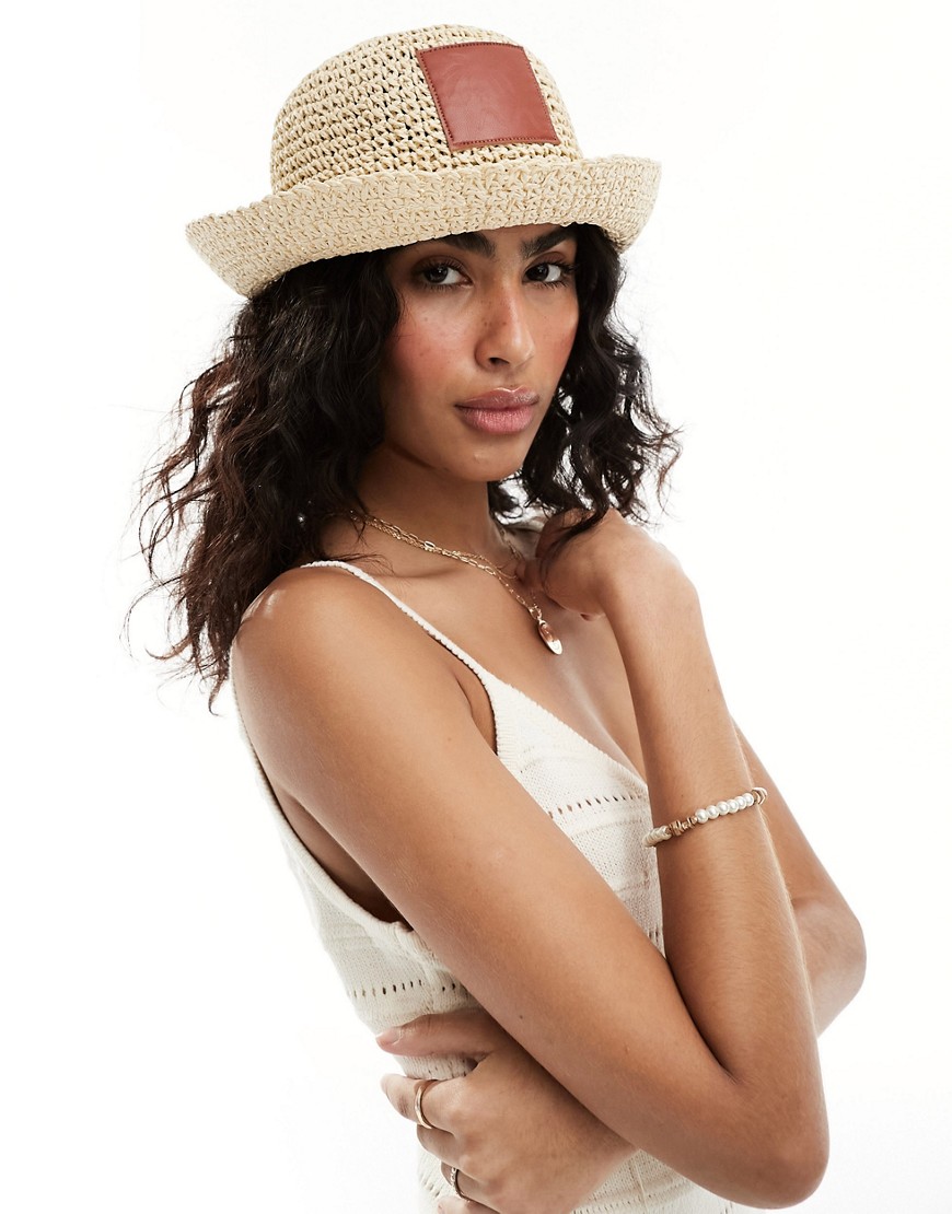 Asos Design Straw Crochet Bucket Hat With Faux Leather Patch-neutral