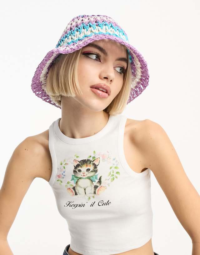 ASOS DESIGN straw crochet bucket hat with stripes in purple