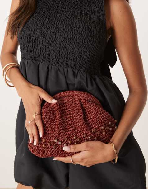 ASOS DESIGN straw crochet grab clutch with beads in terracotta - view 1