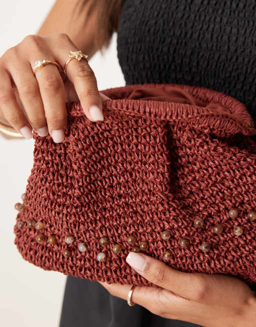 ASOS DESIGN straw crochet grab clutch with beads in terracotta