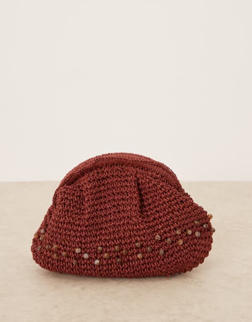 ASOS DESIGN straw crochet grab clutch with beads in terracotta