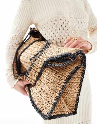 ASOS DESIGN straw crochet oversized tote bag in neutral with contrast edge detail