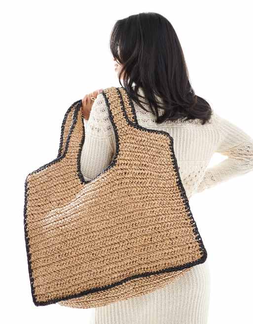 ASOS DESIGN straw crochet oversized tote bag in neutral with contrast edge detail