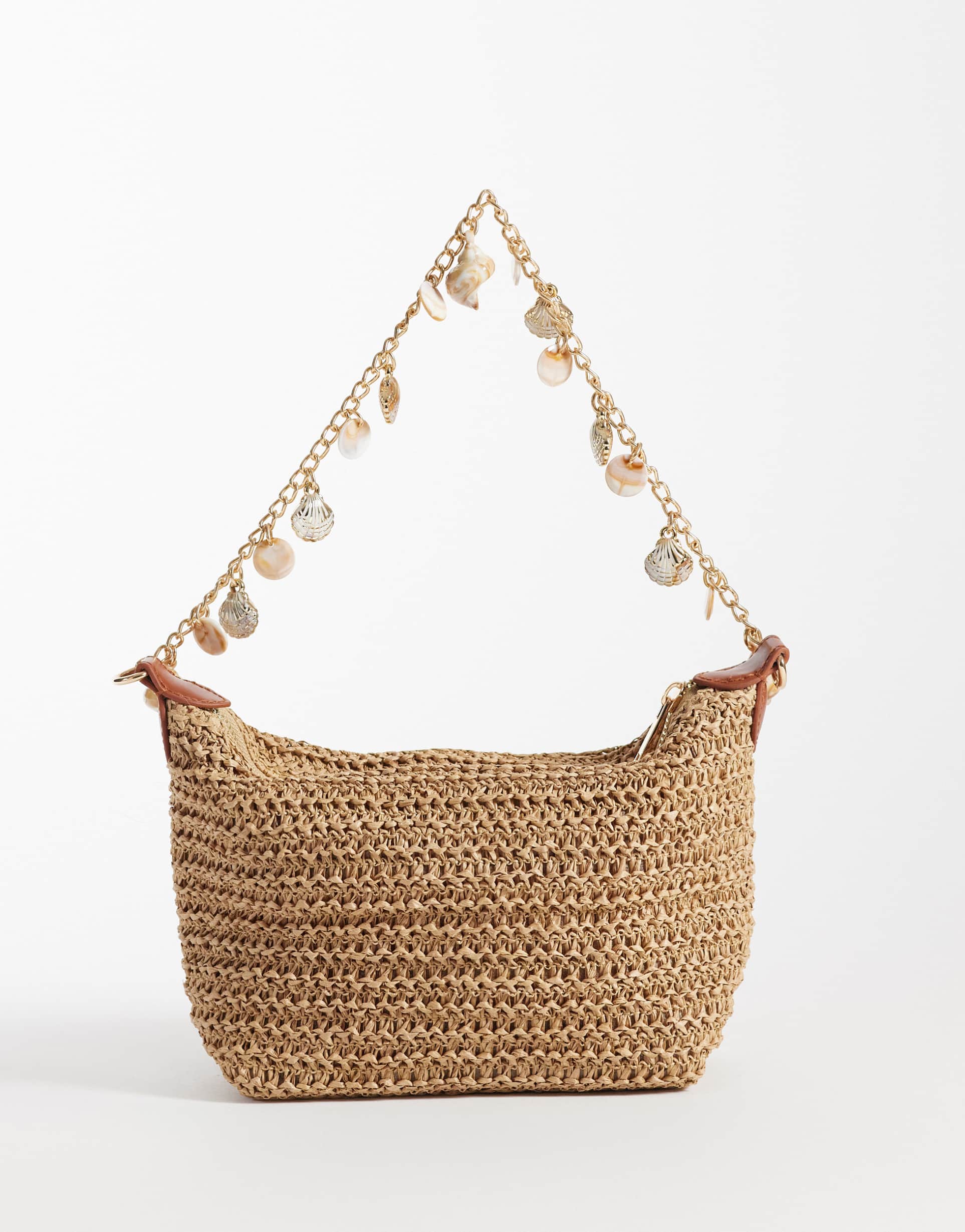 asos design straw crochet shoulder bag with shell charm strap in natural