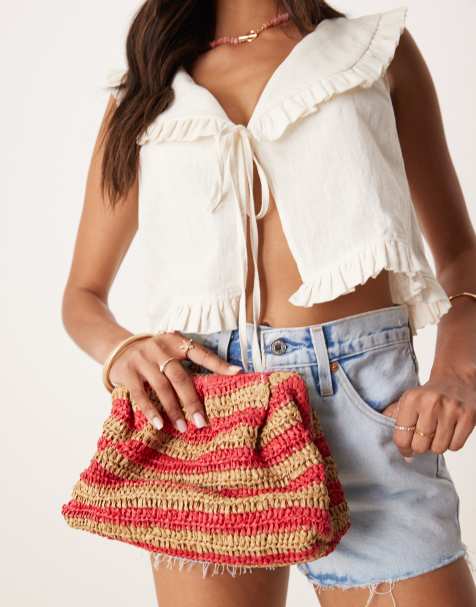 ASOS DESIGN straw crochet striped grab clutch in red and natural - view 1
