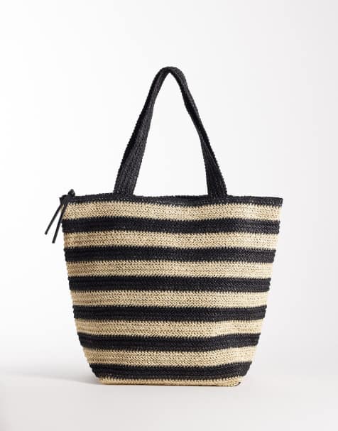 ASOS DESIGN straw crochet tote bag in mono stripe - view 1