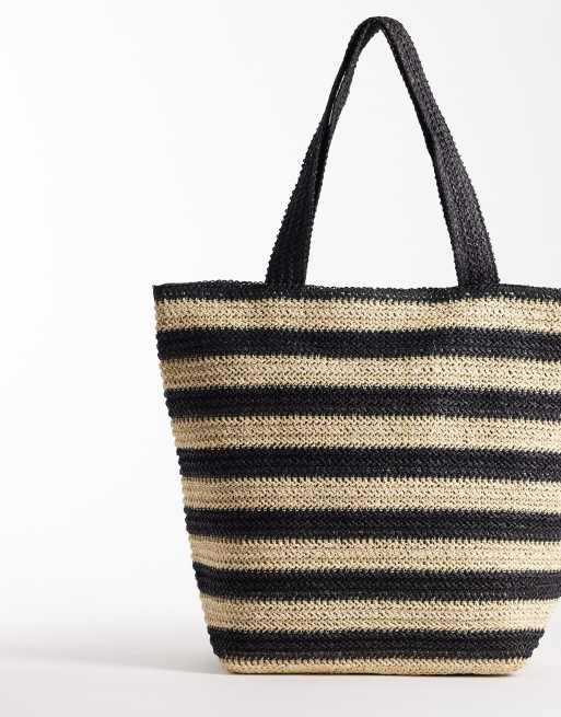 ASOS DESIGN straw crochet tote bag in mono stripe, 4 of 4