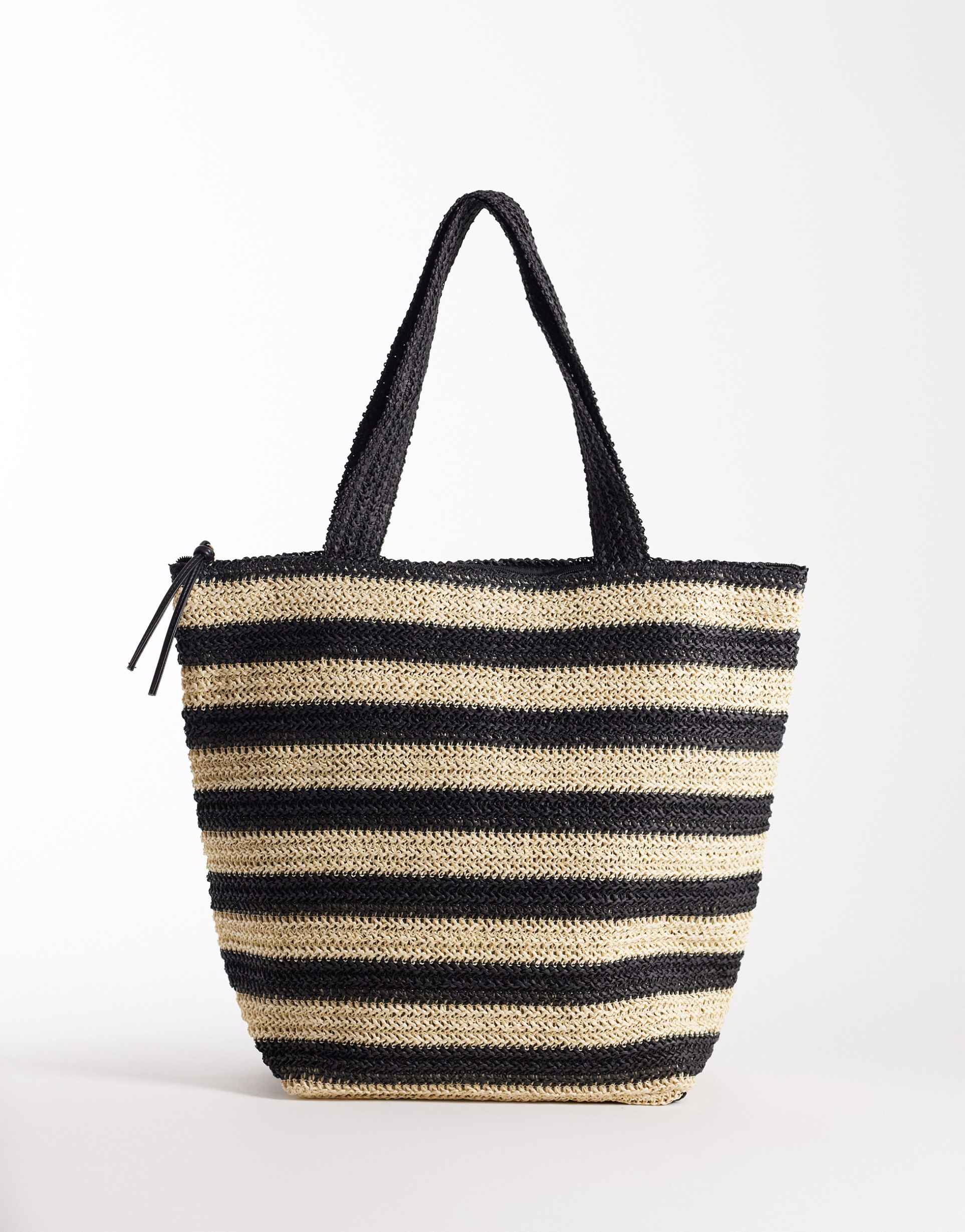 asos design straw crochet tote in black and beige stripes