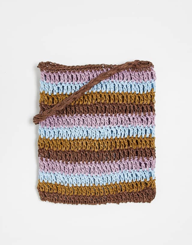 ASOS DESIGN straw cross body bag in purple and beige stripe