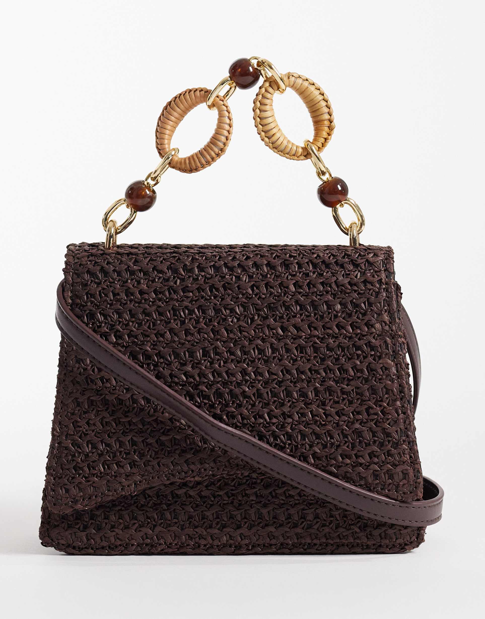 asos design straw crossbody bag with resin top handle and detachable cross body strap in chocolate