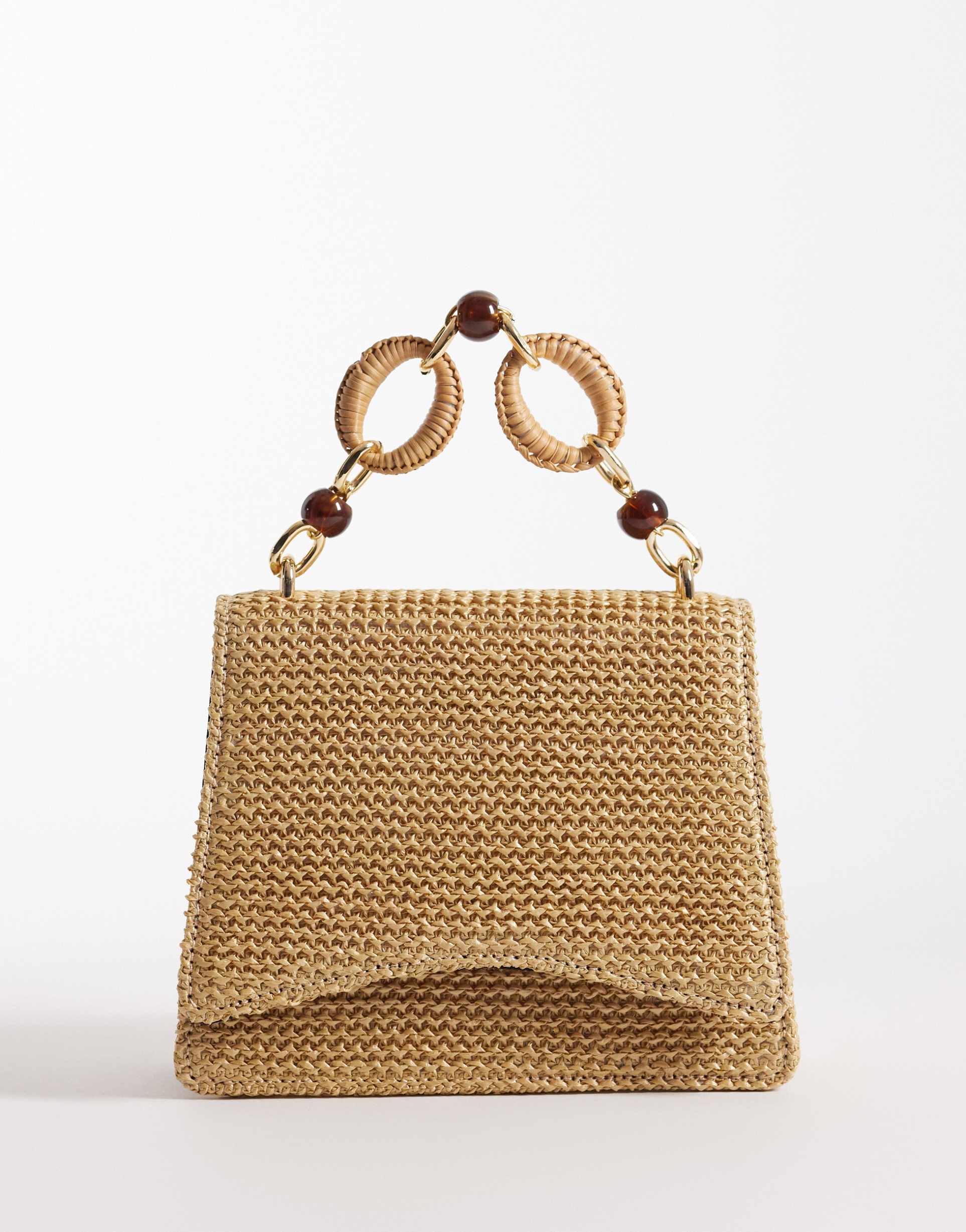 asos design straw crossbody bag with resin top handle and detachable cross body strap in natural