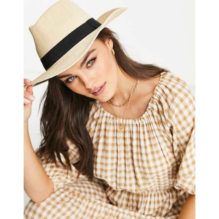 ASOS DESIGN straw fedora hat with black band in natural | ASOS