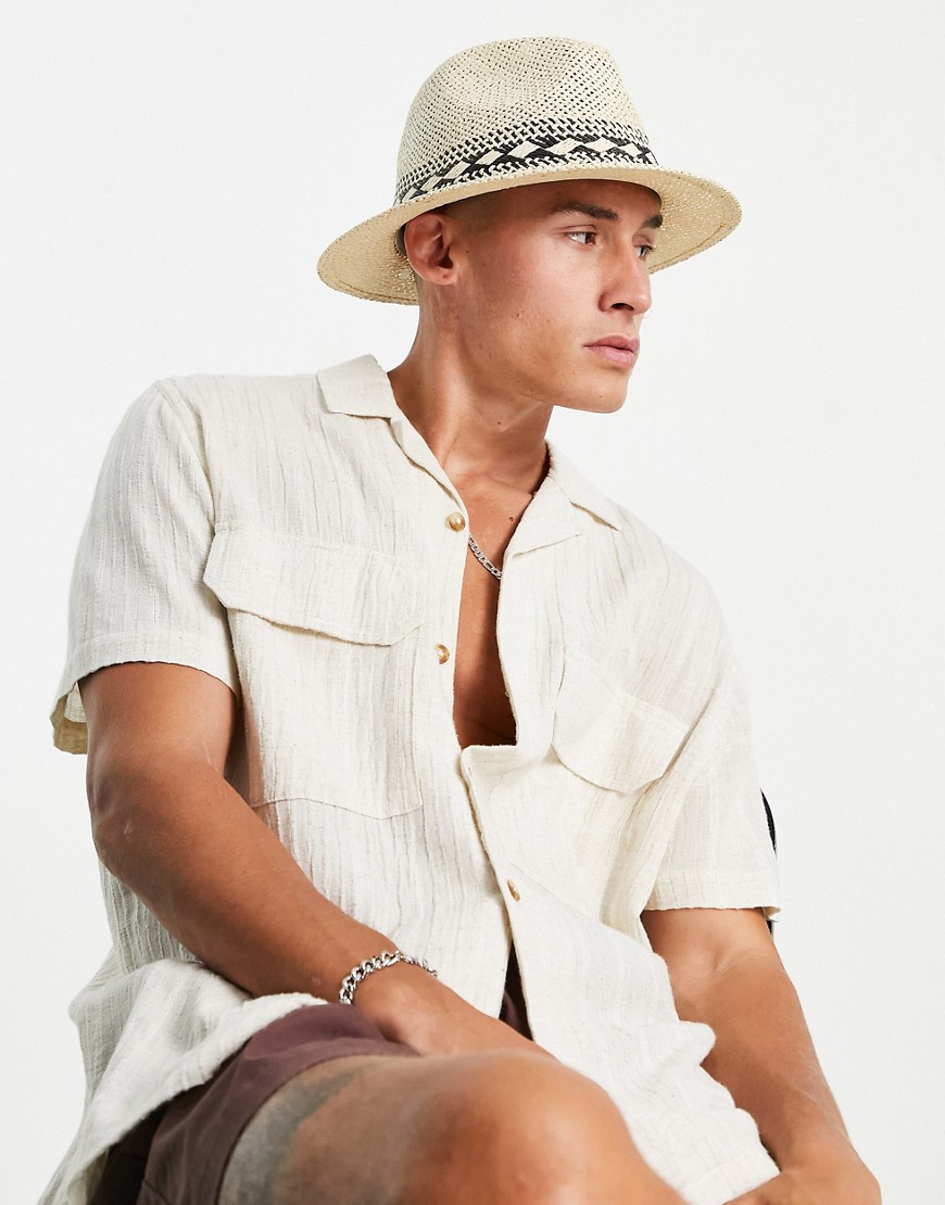 ASOS DESIGN straw fedora hat with stripe hat-White