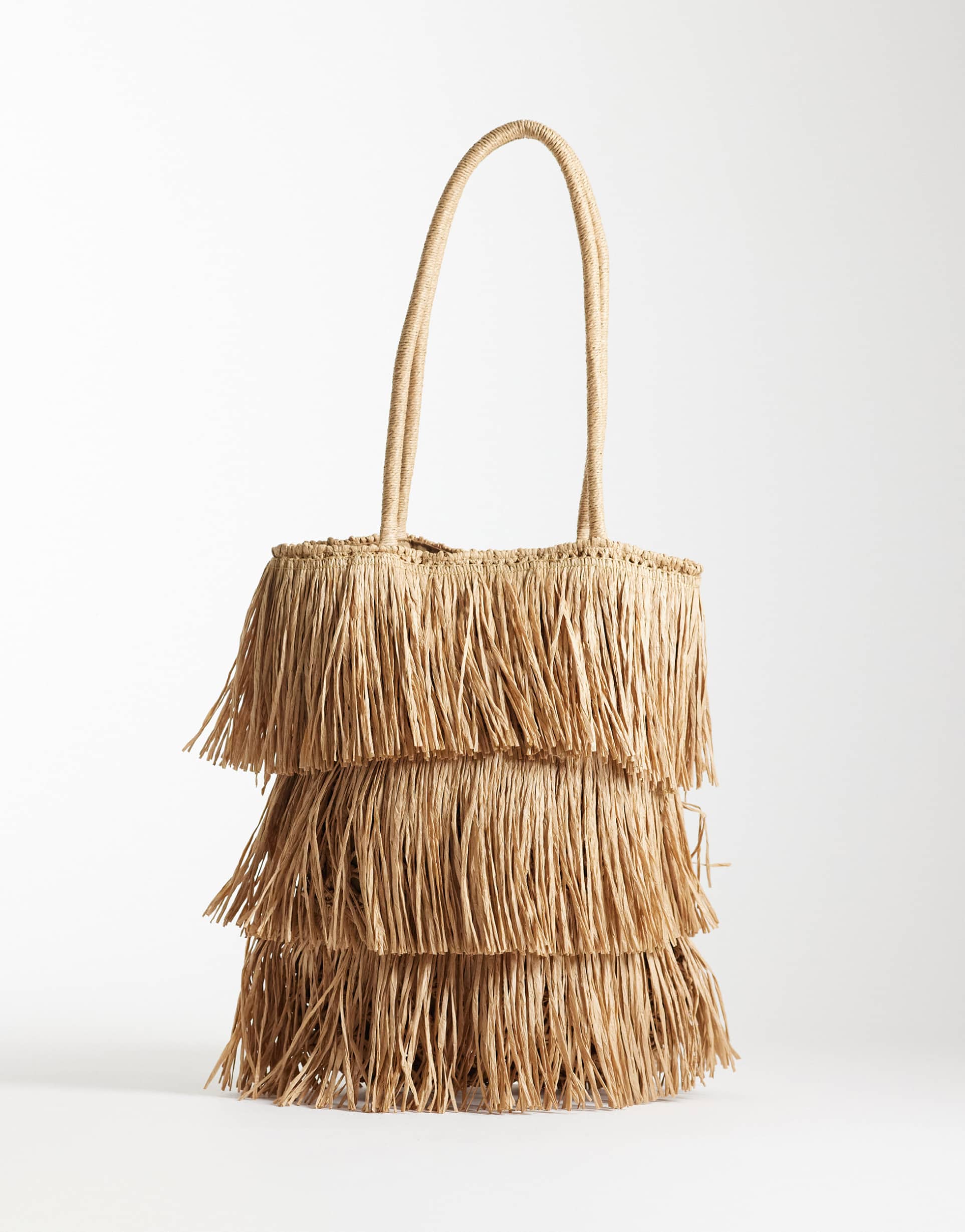 asos design straw fringe tote bag in natural