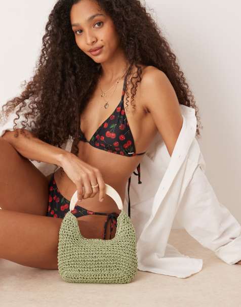 ASOS DESIGN straw grab bag with resin handle in mint - view 1