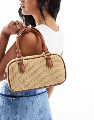 Asos Design Straw Grab Bowler Bag In Tan-brown