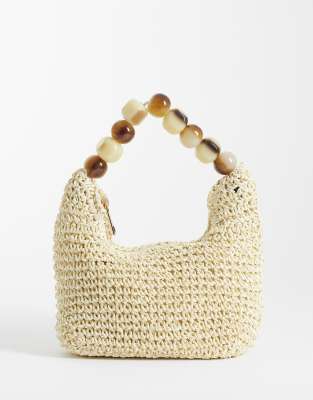 Asos Design Straw Grab Clutch Bag With Resin Ball Handle In White