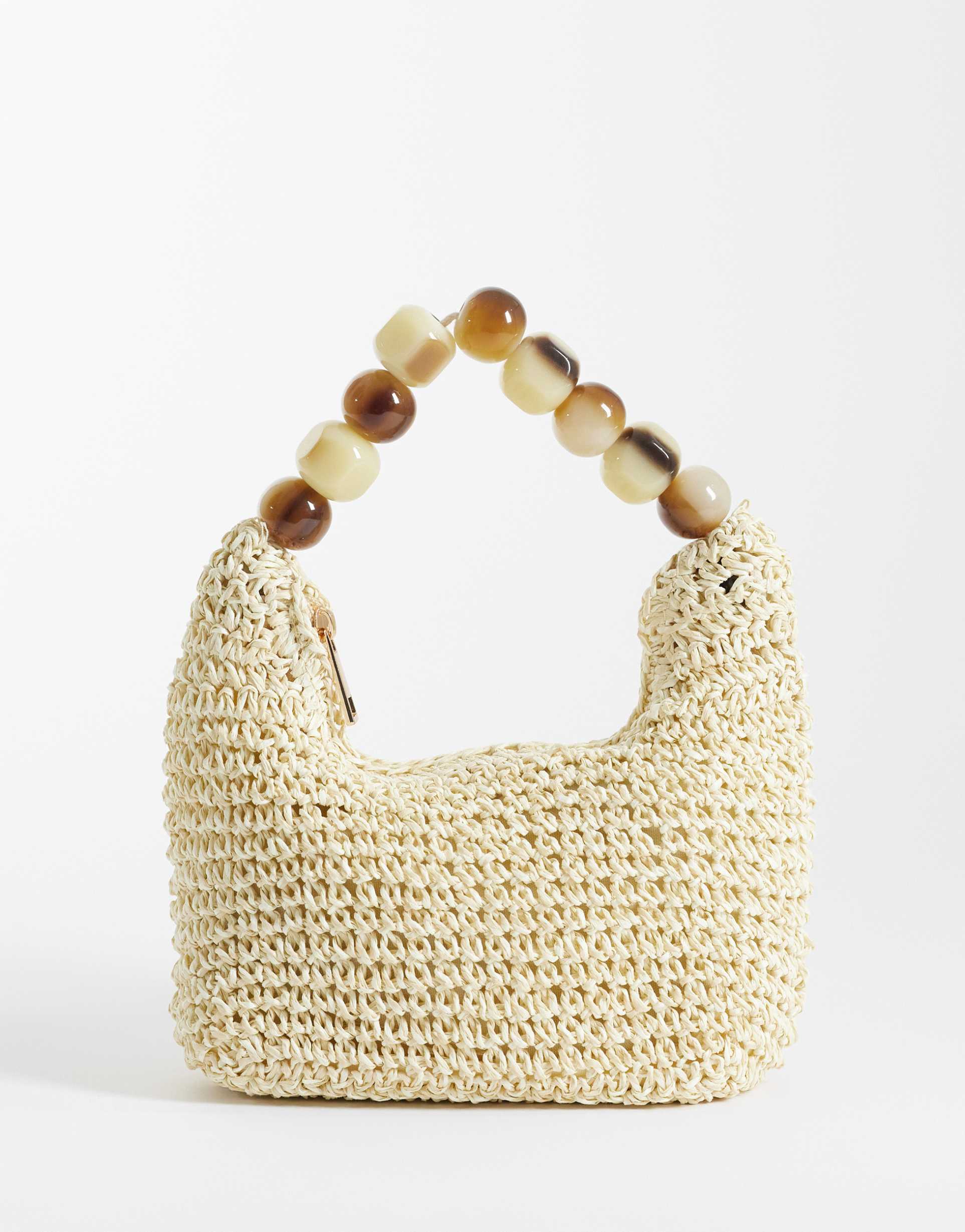 asos design straw grab clutch bag with resin ball handle in natural
