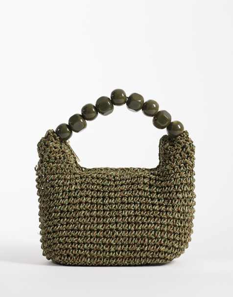 ASOS DESIGN straw grab clutch bag with resin ball handle in olive - view 1