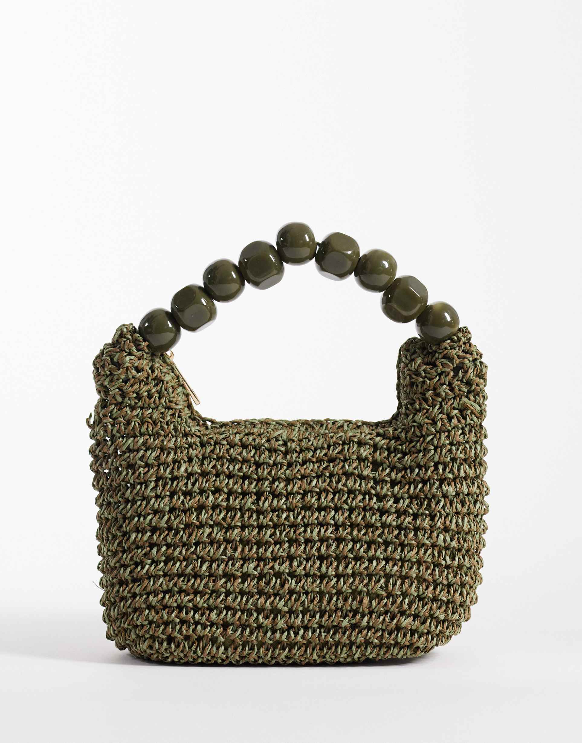 asos design straw grab clutch bag with resin ball handle in olive