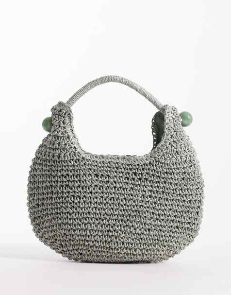 ASOS DESIGN straw hand crochet scoop grab clutch bag with resin ball detail in blue - view 1