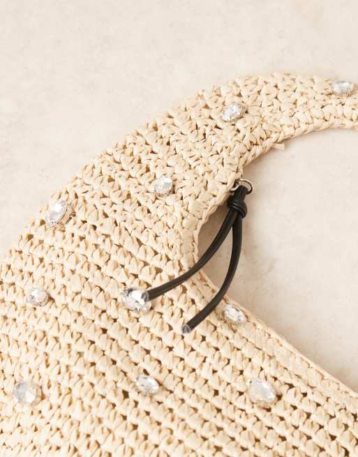 ASOS DESIGN straw hand crochet scoop shoulder bag in natural with crystal detail, 2 of 4