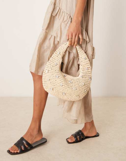 ASOS DESIGN straw hand crochet scoop shoulder bag in natural with crystal detail, 3 of 4