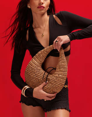 Asos Design Straw Hand Crochet Scoop Shoulder Bag In Natural-neutral