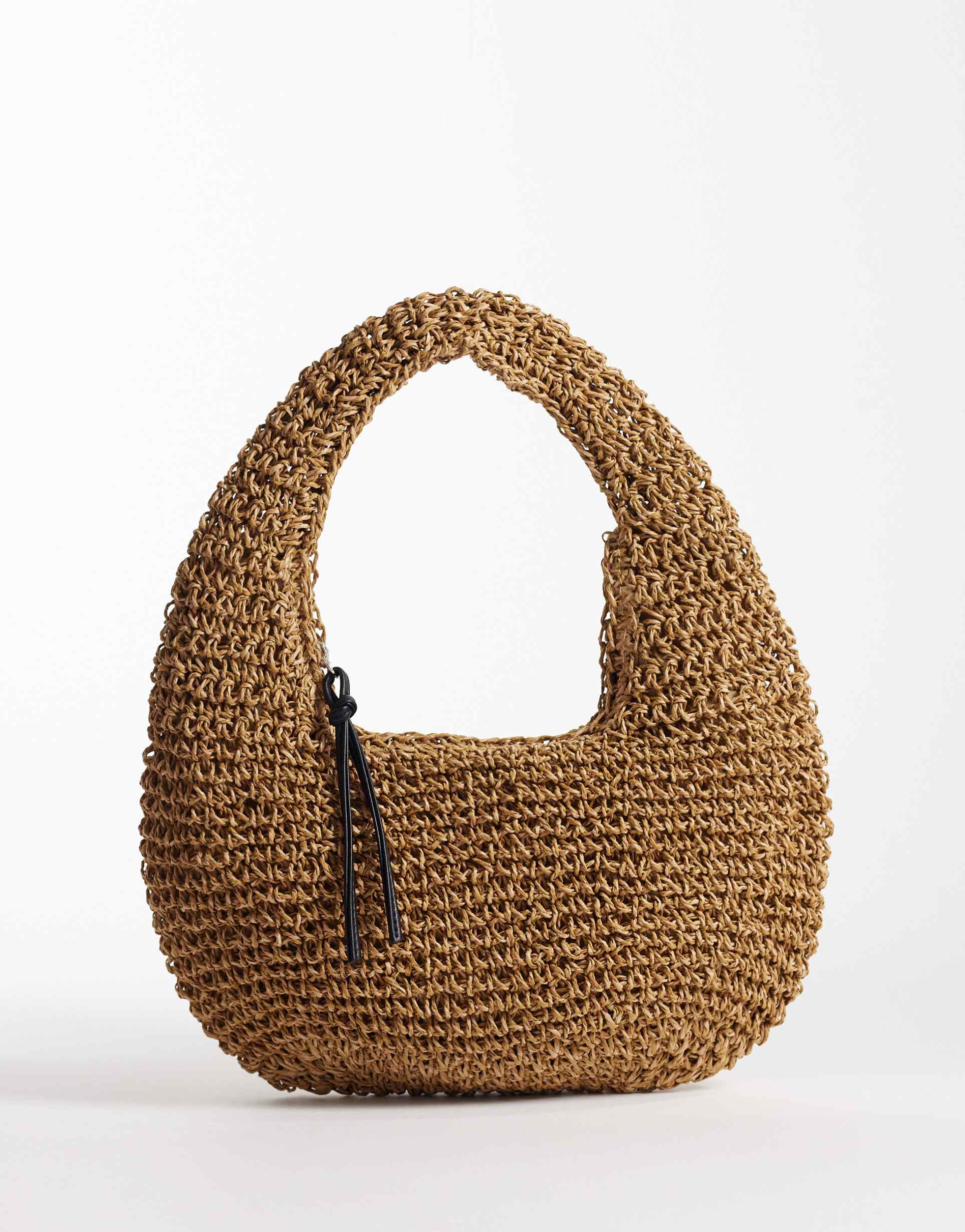 asos design straw hand crochet scoop shoulder bag in natural