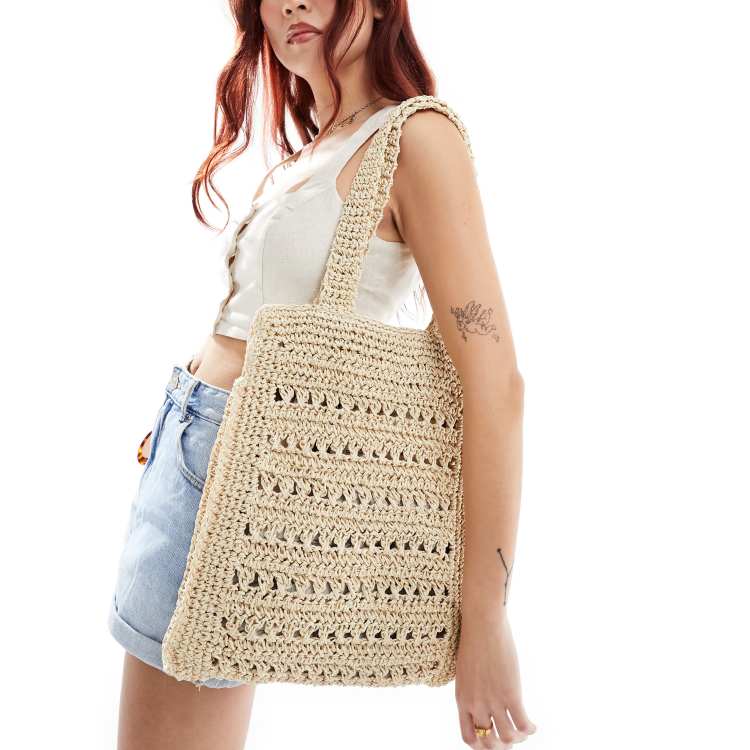 Square Straw Grab Bag ASOS DESIGN Straw Hand Crochet Square Tote