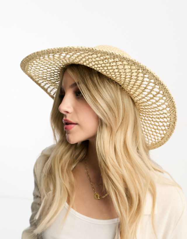 ASOS DESIGN straw open weave floppy hat in two tone weave