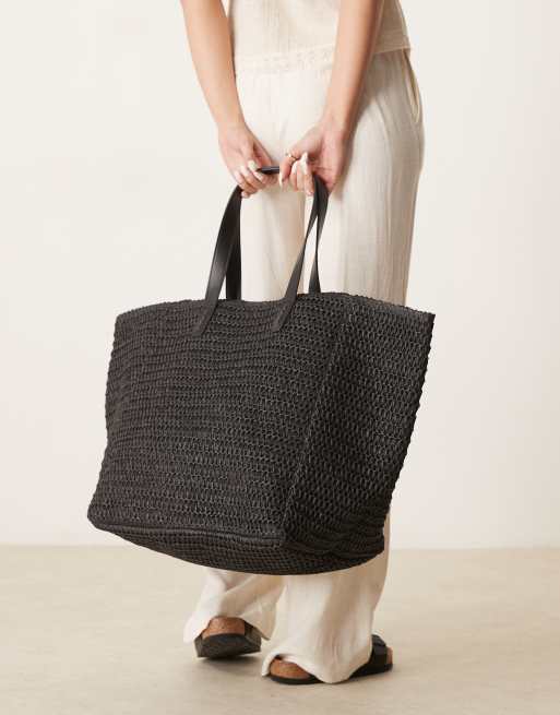 ASOS DESIGN straw oversized tote bag in crochet in black