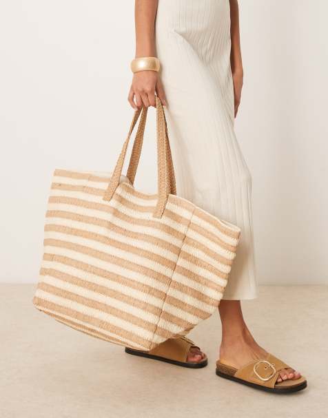 ASOS DESIGN straw oversized tote bag in natural stripe - view 1