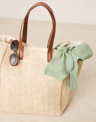 ASOS DESIGN STRAW OVERSIZED TOTE BAG WITH PU HANDLES-NEUTRAL 