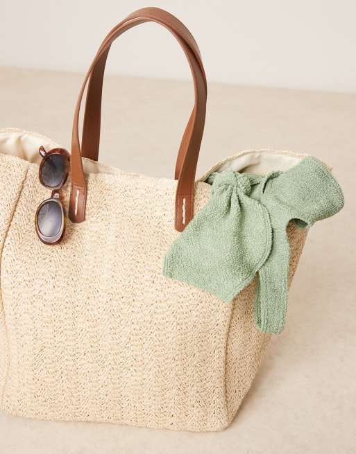 ASOS DESIGN straw oversized tote bag with pu handles