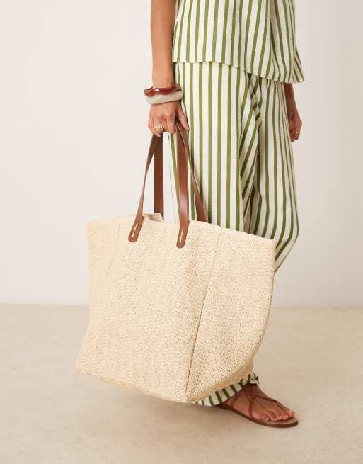ASOS DESIGN straw oversized tote bag with pu handles