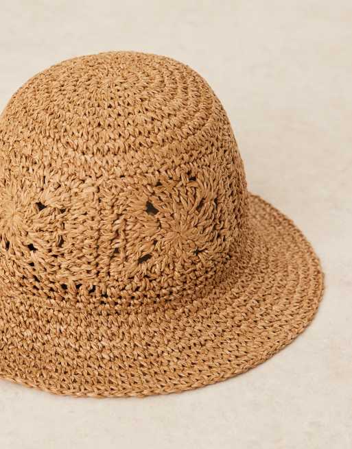 ASOS DESIGN straw packable floral crochet bucket hat in natural