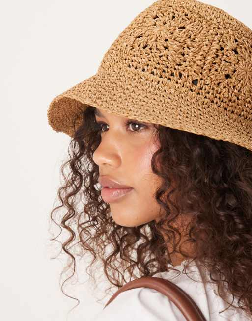 ASOS DESIGN straw packable floral crochet bucket hat in natural