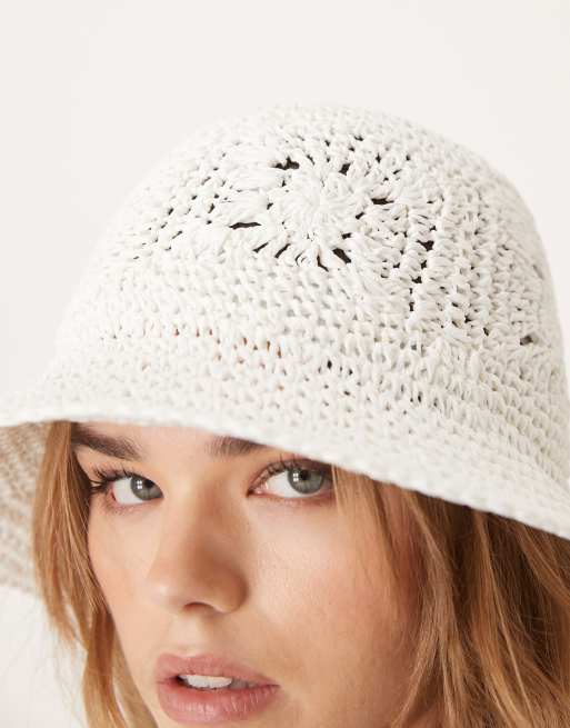 ASOS DESIGN straw packable floral crochet bucket hat in white