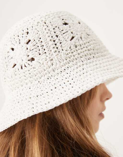 ASOS DESIGN straw packable floral crochet bucket hat in white