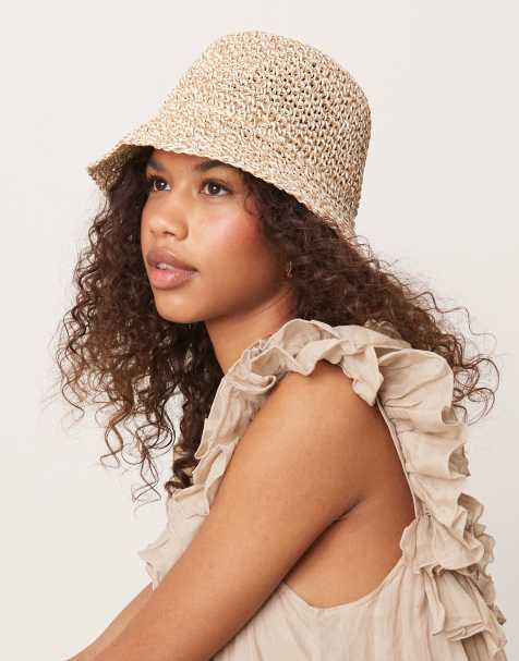 ASOS DESIGN straw packable mix knit crochet bucket hat - view 1
