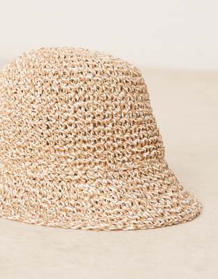 Asos Design Straw Packable Mix Knit Crochet Bucket Hat-neutral In Neutral