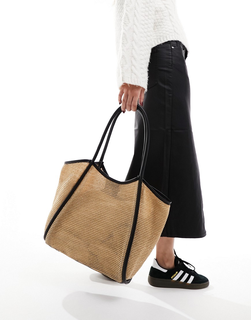 straw piped tubular tote bag in natural-Neutral