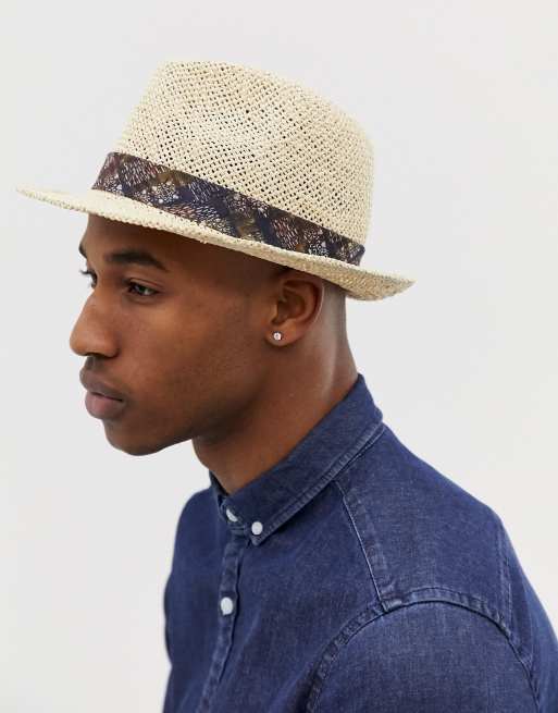 ASOS DESIGN straw pork pie hat in ecru with vintage inspired printed band